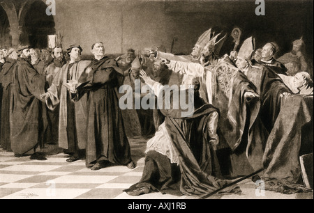 Martin Luther defending himself before the Diet of Worms 1521. Photogravure reproduction of an illustration