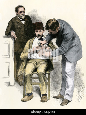 Louis Pasteur supervising an inoculation for hydrophobia aka rabies 1880s. Hand-colored woodcut Stock Photo