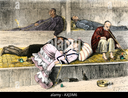 Opium den in San Francisco about 1880. Hand-colored woodcut Stock Photo