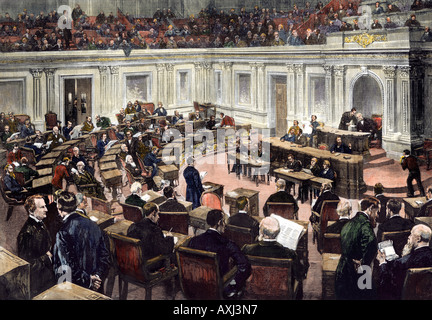 US Senate in session 1880s. Hand-colored woodcut Stock Photo