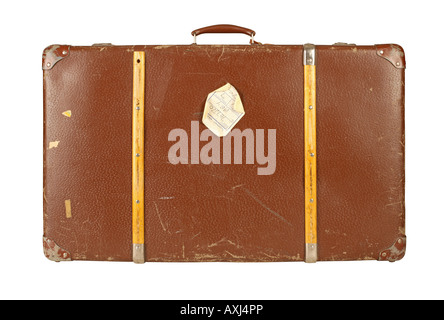 Old and worn retro suitcase isolated on white background Stock Photo