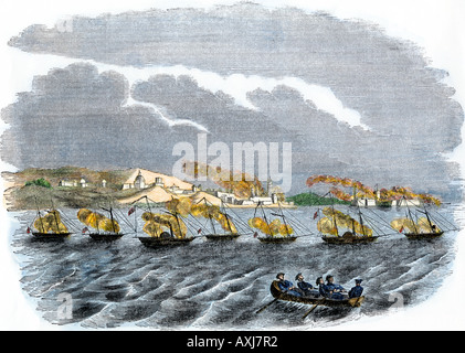 US naval bombardment of Vera Cruz during the US Mexican War 1847. Hand-colored woodcut Stock Photo