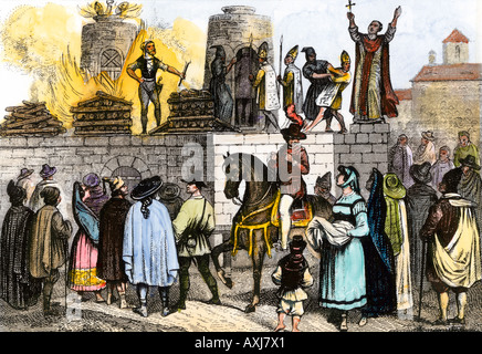 Public execution of Roman Catholic bishops during the Spanish Inquisition. Hand-colored engraving Stock Photo