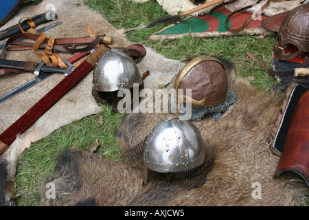 Helmets of the Normans and the Saxons on skins at the re-enactment of the Battle of Hastings in 2006. Stock Photo
