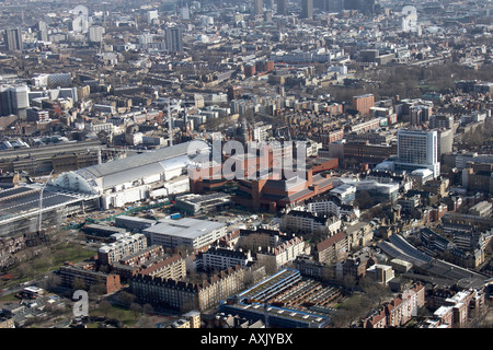 High level oblique aerial view south east of St Pancras Railway Station British Library London NW1 WC1 WC2 EC1 EC4 England UK Fe Stock Photo