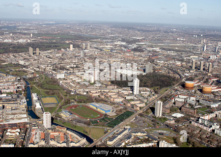 High level oblique aerial view north east of Mile End Park Royal London Hospital Tower Hamlets London E1 E14 E15 E16 England UK Stock Photo