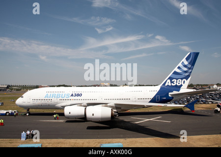Side view of Airbus A380 superjumbo double deck aircraft on static display at Farnborough International Airshow July 2006 Stock Photo