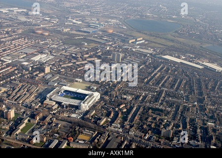 High level aerial view north east of Tottenham Hotspur Football Club White Hart Lane Ground with Banbury Reservoir