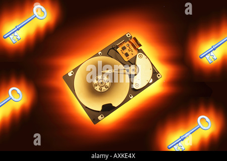 Computer Hard Disk and Skeleton Keys Stock Photo