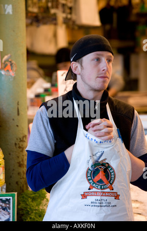 USA Washington State Seattle  Fishmonger at Pike Place Market Seattle Stock Photo