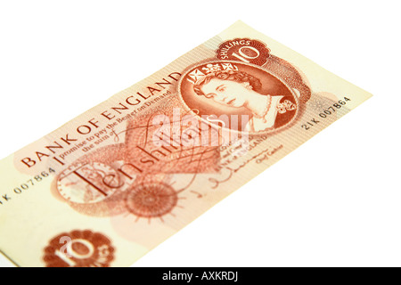 A ten shilling note, pre decimale stirling, on white background Stock Photo