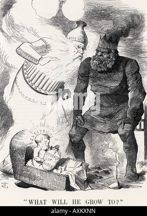 ELECTRICITY-  King Coal and King Steam debate the future of Electricity in a Punch magazine cartoon of 1881 Stock Photo
