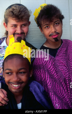 Three girls dressed up as Wise Men for school Christmas performance Cayman Brac High School, Cayman islands Stock Photo