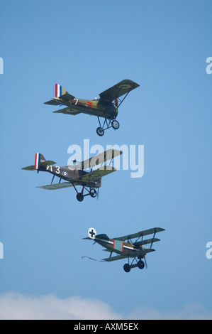 Memorial flight of wwI fighters planes: Morane-Saulnier  Ai , SE5 and Fokker Dr.I French vintage air show, La Ferte Alais Stock Photo