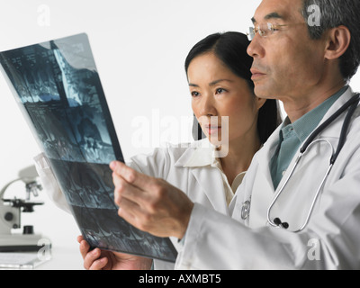 Male and female doctors looking at x rays Stock Photo