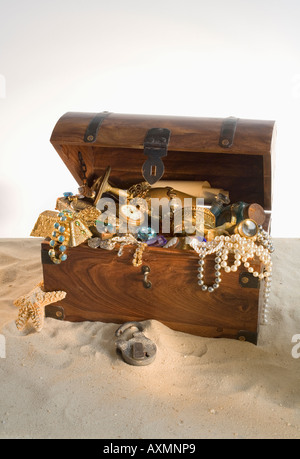 Open treasure chest overflowing with jewellery, elevated view