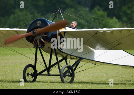 French replica of historic plane Morane Type H, motorized by an original rotary engine, french vintage air show, La Ferte Alais Stock Photo