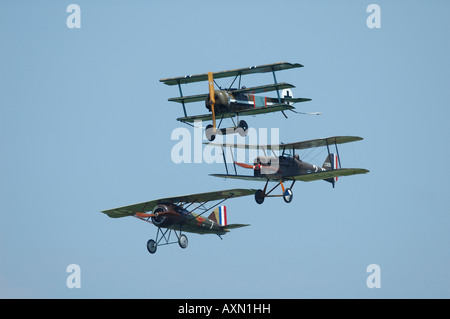 Memorial flight of wwI fighters planes: Fokker Dr.I, SE5 and Morane-Saulnier  Ai. French vintage air show, La Ferte Alais Stock Photo