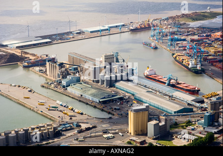 The Royal Seaforth container dock and port facilities on the River Mersey estuary north west of Liverpool, Merseyside, England. Stock Photo