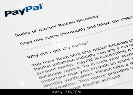 Phishing email purporting to be from PayPal Stock Photo