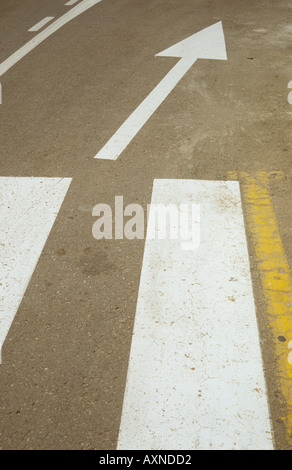 Markings on road showing Pedestrian crossing and No parking with a direction arrow Stock Photo