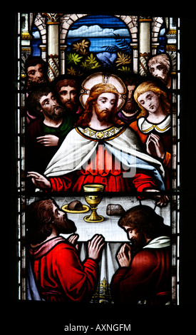 Stained Glass Window by Ward and Hughes depicting The Last Supper. St George's Church, Brailes, Warwickshire, England Stock Photo