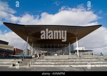 Horizontal wide angle of the modern Welsh Assembly building 'Senedd' on a bright sunny day. Stock Photo