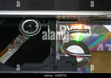 DVD reader unit optical reader for Digital video or audio disc with padlock Stock Photo