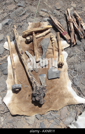 Stone age axes, hammers and Guanche tools laid out on a goatskin Tenerife, Canary Islands, Spain Stock Photo