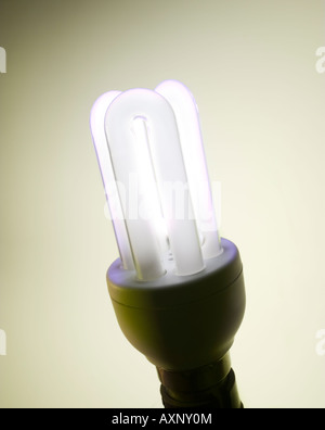 Illuminated energy saving light bulb Stock Photo