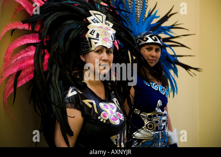 Aztec dancers at Blessing of the Animals festival Olvera Street Downtown Los Angeles California United States of America Stock Photo