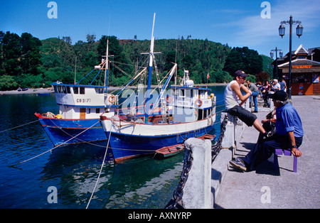 Fish boats at Angelmo wharf Puerto Montt The Lake District Chile South America Stock Photo