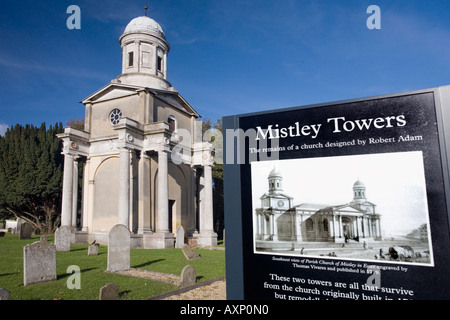 Mistley Towers, ALL THAT IS LEFT OF THE ORIGINAL CHURCH DESIGNED BY ROBERT ADAM, with a drawing of how they looked originally. Stock Photo