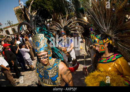 Aztec dancers at Blessing of the Animals festival Olvera Street Downtown Los Angeles California United States of America Stock Photo