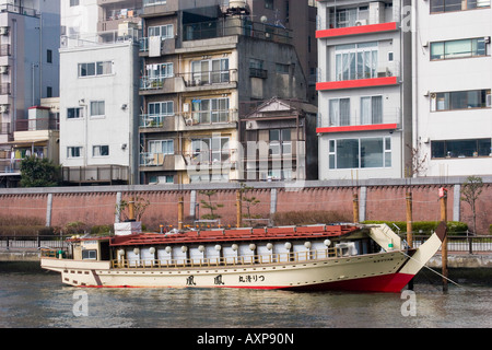 Restaurant boat docked on the Sumida River in Asakusa district of Tokyo Japan Stock Photo