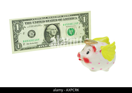 Flying piggy bank passing one US dollar bill on white background Stock Photo