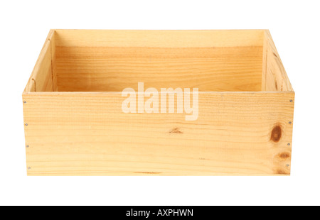 empty wooden box isolated on white background focus on front panel Stock Photo