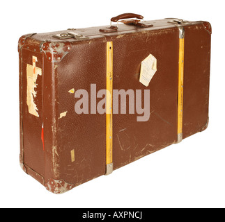 Old and worn retro suitcase isolated on white background Stock Photo