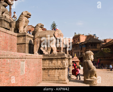 STATUES on NYATAPOLA TEMPLE to Goddess Laxmi in Taumadhi Tol Square Bhaktapur Kathmandu Valley Nepal Asia Stock Photo