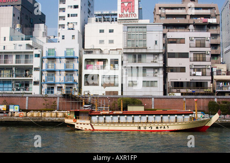 Restaurant boat on the Sumida River in Asakusa district of Tokyo Japan Stock Photo