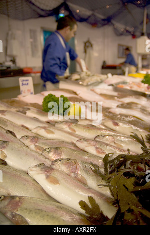 trout on display in the beresford street fish market St Helier Jersey Stock Photo
