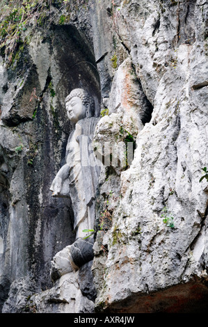 Stone carvings on the cliffs of the Peak Flying in from Afar at The Ling Yin Temple Hangzhou China Stock Photo