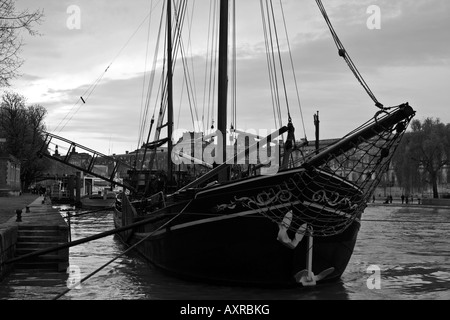 Boat moored on the left bank of the Seine River in Paris, France, Europe Stock Photo