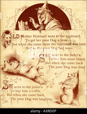 Victorian Opening page Old Mother Hubbard Nursery rhyme from Gulliver's Travels Book published by Nelson & Sons FOR ONLY EDITORI Stock Photo