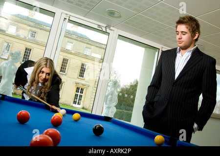 couple playing pool, snooker Stock Photo