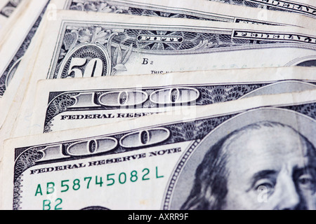 American currency fanned out showing hundred and fifty dollar bills Stock Photo