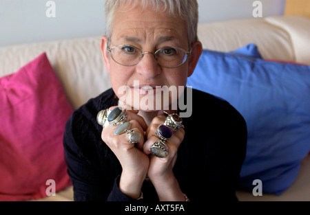 Children's author Jacqueline Wilson wearing her large silver rings pictured at The Guardian Hay Festival 2004 Hay on Wye Wales Stock Photo