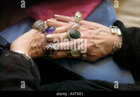 Children's author Jacqueline Wilson wearing her large silver rings pictured at The Guardian Hay Festival 2004 Hay on Wye Wales Stock Photo