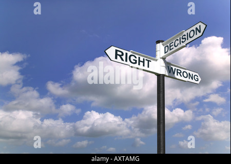 Concept image of a signpost with Decision Right or Wrong against a blue cloudy sky Stock Photo