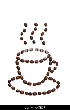 Coffee cup shape made of coffee seeds. Clipping path included. Stock Photo